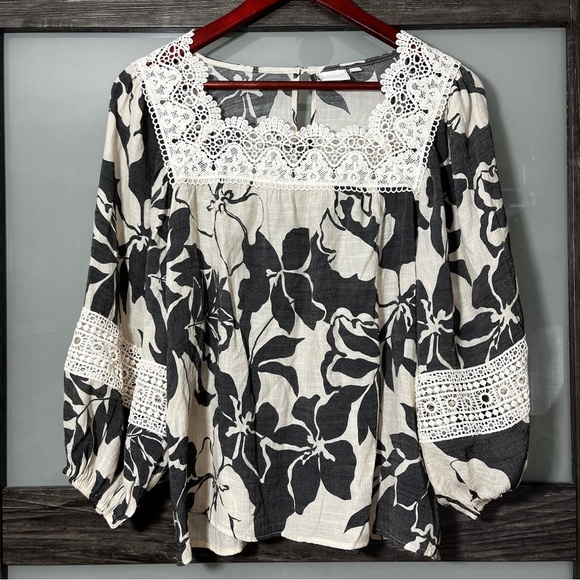 Zac & Rachel Tops - Zac & Rachel Boho Cottagecore Black and Cream Floral Blouse Crochet Details L